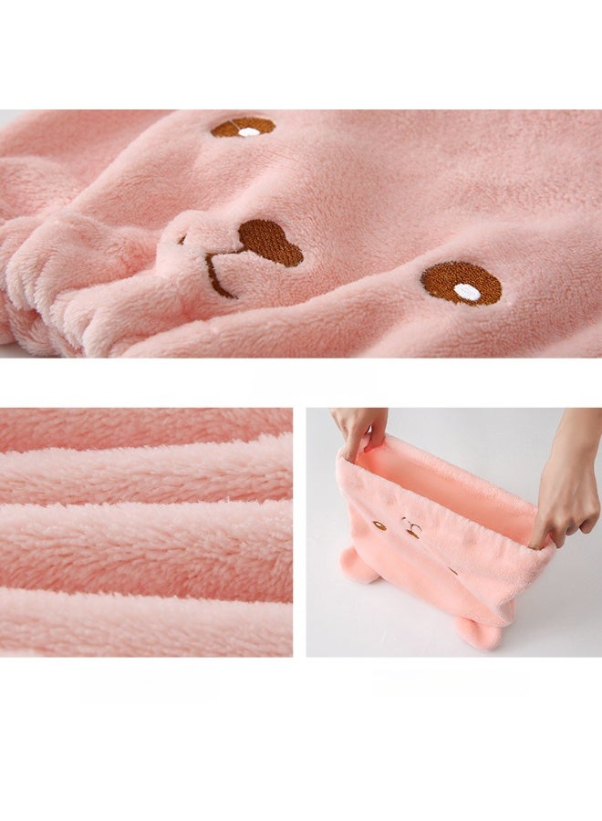 يوكانبي قبعة تجفيف الشعر من قماش كورال فليس المطرز برسمة دب كرتوني – مايكروفايبر سميك سريع الامتصاص للنساء - Image 3