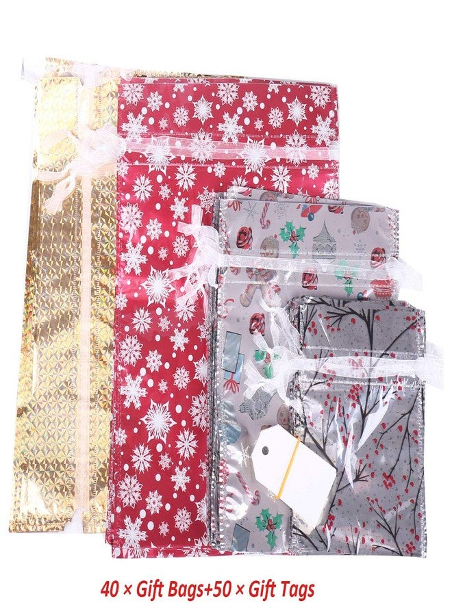 WesGen Christmas Gift Bags,40Pcs Santa Wrapping Bag in 4 Sizes and 4 Designs with Inserted Drawstring Ribbons and Tags for Wrapping Holiday - Image 3