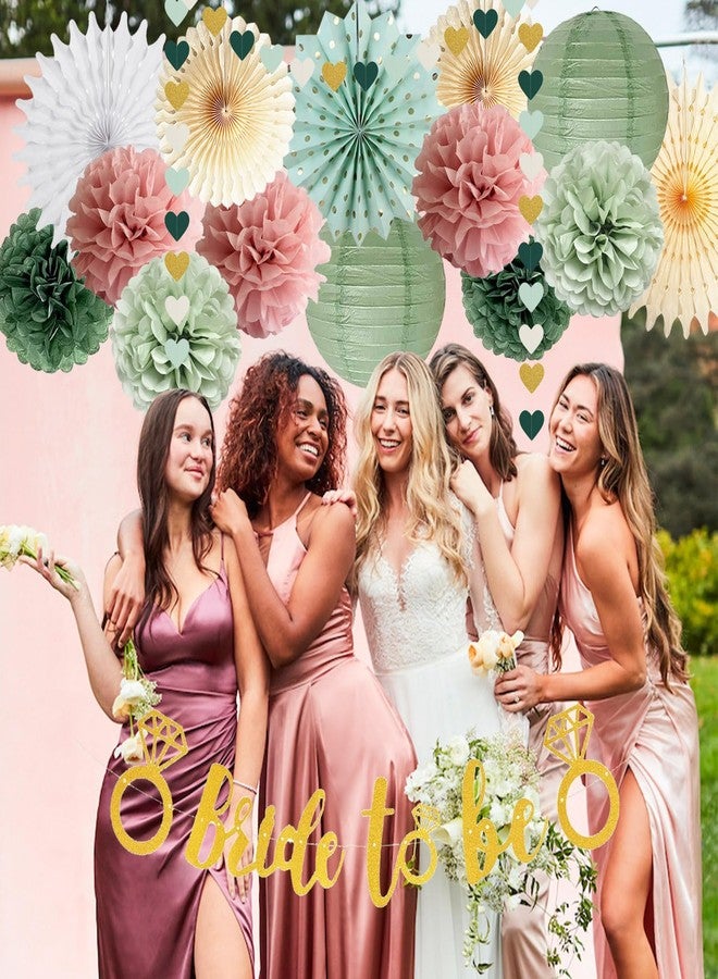 FETETIJD Sage Green Dusty Pink Bachelorette Party Decorations Bride to Be Party Decoration Sage Pink Tissue Pom Poms Paper Lanterns Beige Paper Fans for Wedding Bridal Shower Bachelorette Party Decoration - Image 2