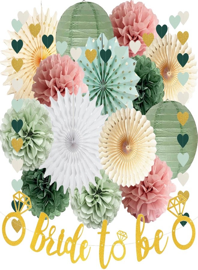 FETETIJD Sage Green Dusty Pink Bachelorette Party Decorations Bride to Be Party Decoration Sage Pink Tissue Pom Poms Paper Lanterns Beige Paper Fans for Wedding Bridal Shower Bachelorette Party Decoration - Image 1
