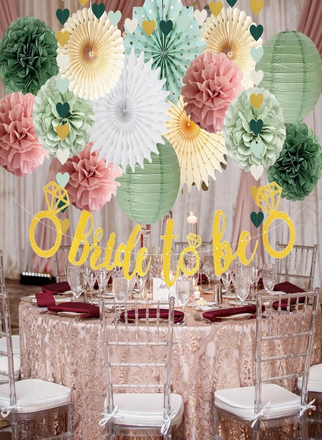 FETETIJD Sage Green Dusty Pink Bachelorette Party Decorations Bride to Be Party Decoration Sage Pink Tissue Pom Poms Paper Lanterns Beige Paper Fans for Wedding Bridal Shower Bachelorette Party Decoration - Image 5