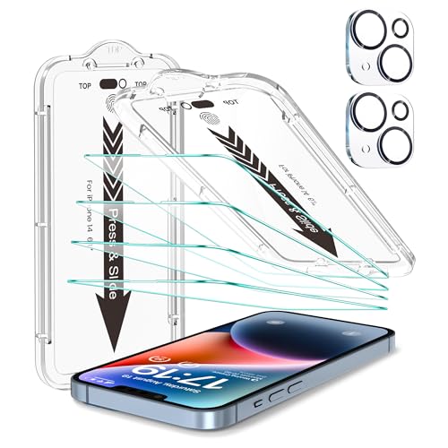 EZ-GLAZ- 4 Pack for iPhone 14 Screen Protector [6.1"] With 2 Pack Camera Lens Protector, 9H+ Hardness 12FT Military Grade Shatterproof Scratch Resistant Durable Tempered Glass Film with Flawless Fit Kit, HD Clear - Image 1