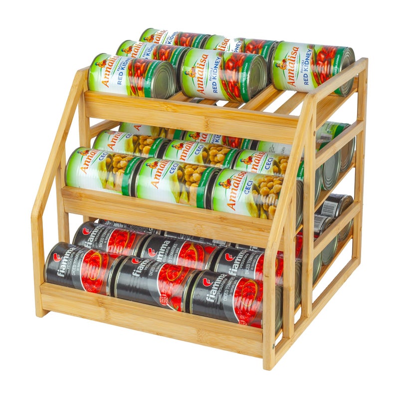 MinBoo Bamboo Can Rack Organizer Kitchen Pantry Storage 36 Can Capacity Tilt Design