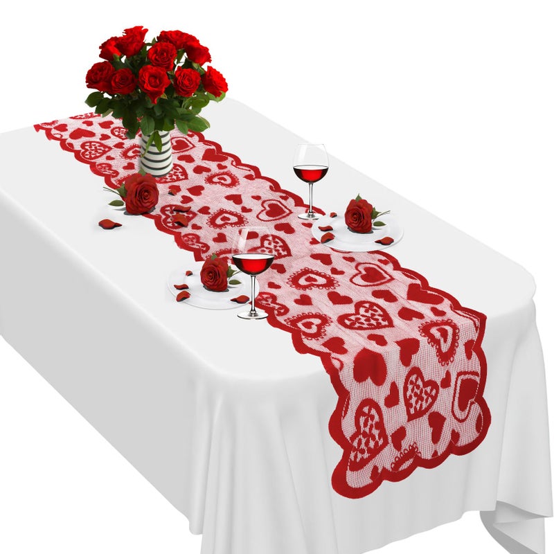 Luktastic Valentines Table Runner, 13 x 72 Inch Red Heart Lace Table Runner for Valentines Decorations Romantic Home Kitchen Dining Table Decor Indoor Outdoor Wedding Holiday Anniversary Party Decorations - Image 1