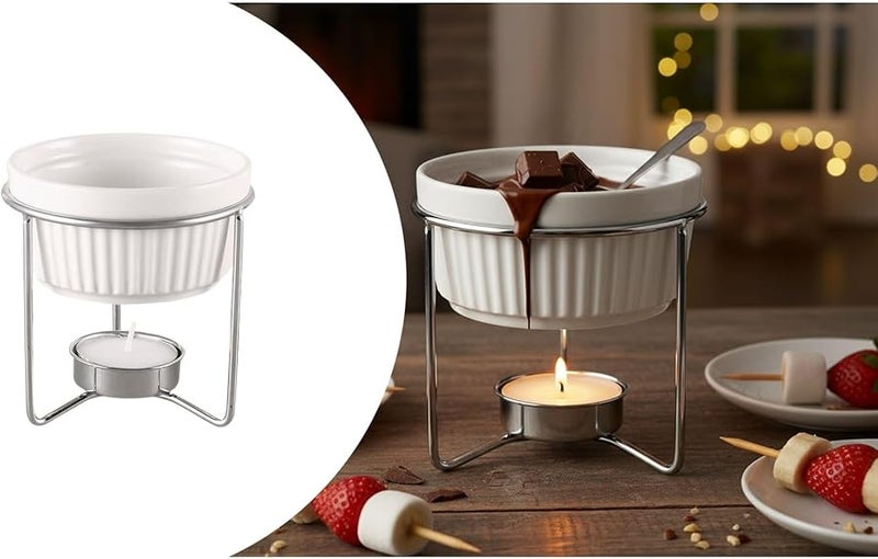 White Ceramic Butter Warmer with Metal Stand for Melting Butter or Chocolate Using Tea Light Candle - Image 4