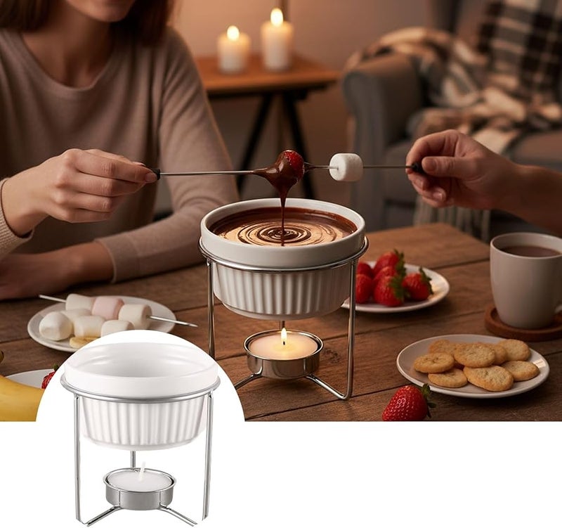 White Ceramic Butter Warmer with Metal Stand for Melting Butter or Chocolate Using Tea Light Candle - Image 3