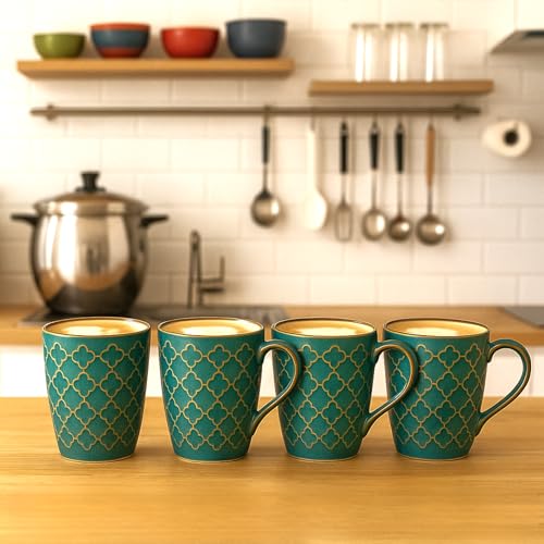 KITTENS Ceramic Coffee Mug Set of 4 – 320ml, Dark Green | Handcrafted & Handpainted Stoneware | Food Grade, Microwave & Dishwasher Safe | Premium Mugs for Daily Use, Gifting & Office - Image 1