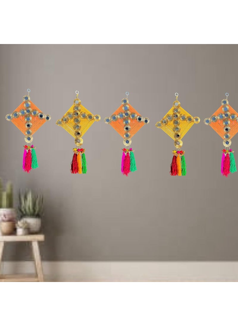 CRAFTOX DECOR Craftox Decor Handmade Pack of 5 Multicolor Size 12x12 Inches Woolen Kites with Beads Gota Chakri Mirror Pom Pom Traditional Used for Home Wedding Decor Makar Sankranti K00075  - Image 5