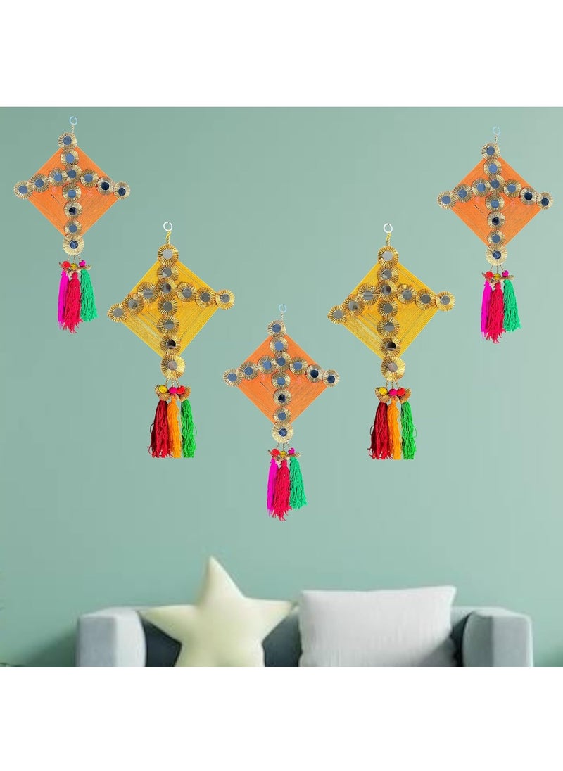 CRAFTOX DECOR Craftox Decor Handmade Pack of 5 Multicolor Size 12x12 Inches Woolen Kites with Beads Gota Chakri Mirror Pom Pom Traditional Used for Home Wedding Decor Makar Sankranti K00075  - Image 1