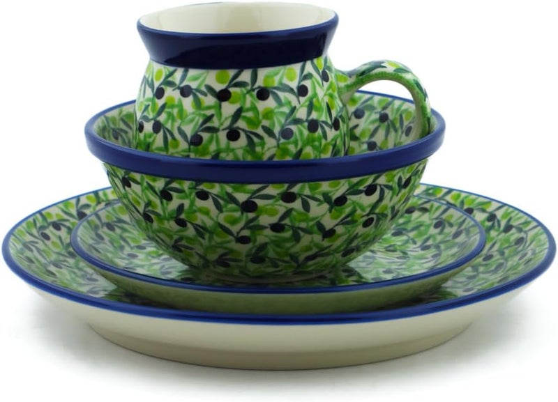 Polmedia Polish Pottery Authentic Polish Pottery 4Piece Place Setting Signature UNIKAT in Olive Grove Design Handmade in Bolesawiec Poland by Ceramika Artystyczna  Certificate of Authenticity  - Image 3