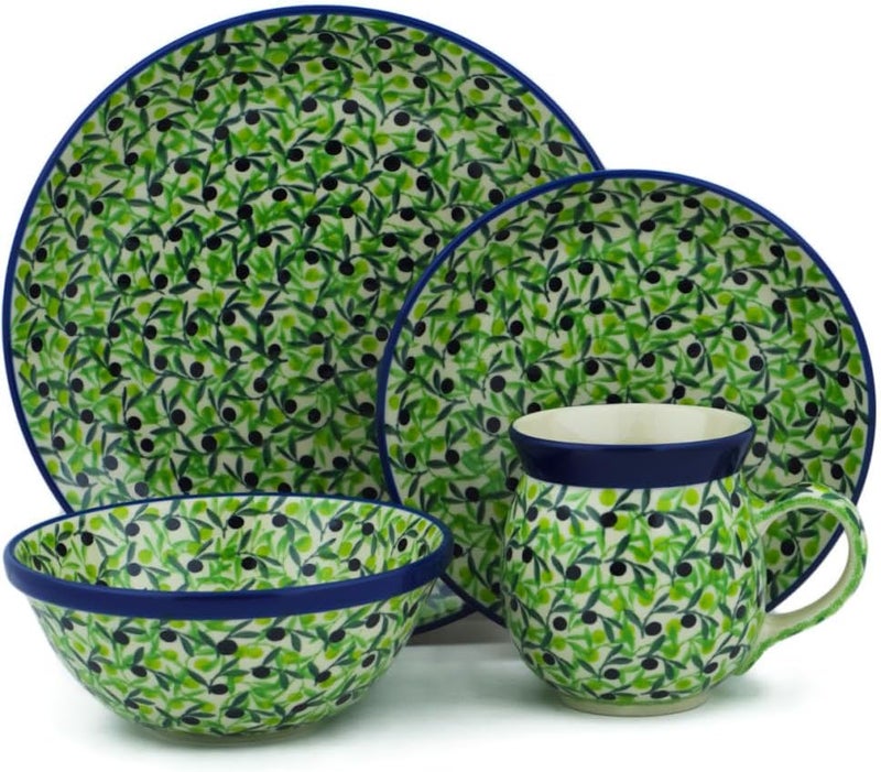 Polmedia Polish Pottery Authentic Polish Pottery 4Piece Place Setting Signature UNIKAT in Olive Grove Design Handmade in Bolesawiec Poland by Ceramika Artystyczna  Certificate of Authenticity  - Image 1