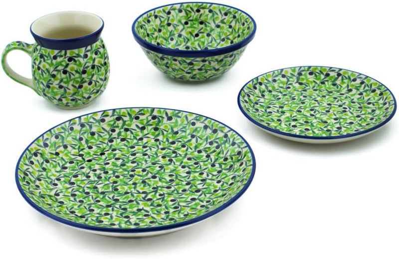 Polmedia Polish Pottery Authentic Polish Pottery 4Piece Place Setting Signature UNIKAT in Olive Grove Design Handmade in Bolesawiec Poland by Ceramika Artystyczna  Certificate of Authenticity  - Image 2