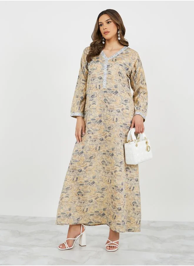ستايلي Styli All-Over Print Lace Detail V-Neck A-Line Jalabyia