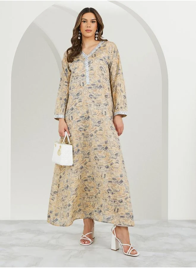ستايلي Styli All-Over Print Lace Detail V-Neck A-Line Jalabyia