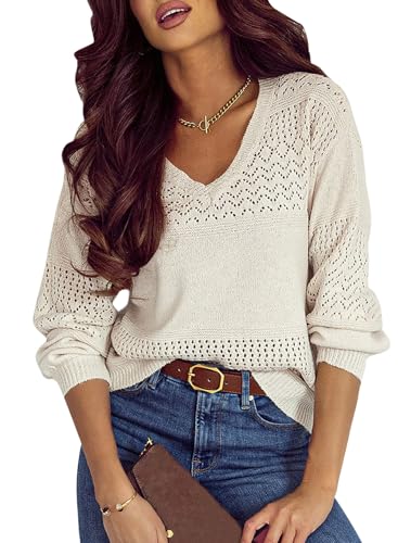 Shein سويتر كروشيه خريف موضة النساء من SHEWIN خفيف الوزن بأكمام طويلة تصميم مفتوح على شكل V مع حياكة كابل ملابس خريفية للنساء 2025، M، أبيض - Image 1