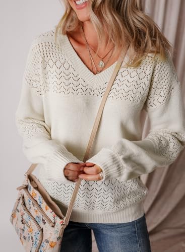 Shein سويتر كروشيه خريف موضة النساء من SHEWIN خفيف الوزن بأكمام طويلة تصميم مفتوح على شكل V مع حياكة كابل ملابس خريفية للنساء 2025، M، أبيض - Image 2