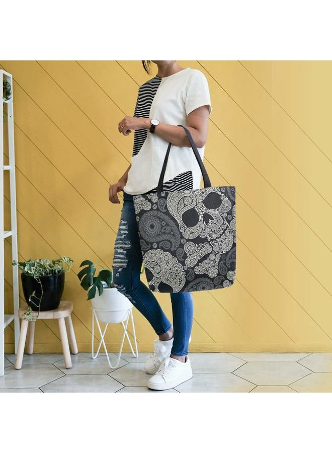 ZZKKO Halloween Skull Canvas Tote Grocery Bag Shoulder Casual Book Bag Large for Women Teachers, Sugar Skull Cotton Bag Shopping Purse Handbag Reusable Multipurpose Use - Image 2