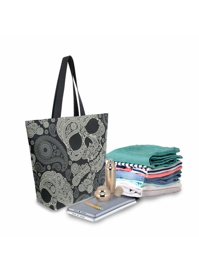 ZZKKO Halloween Skull Canvas Tote Grocery Bag Shoulder Casual Book Bag Large for Women Teachers, Sugar Skull Cotton Bag Shopping Purse Handbag Reusable Multipurpose Use - Image 3