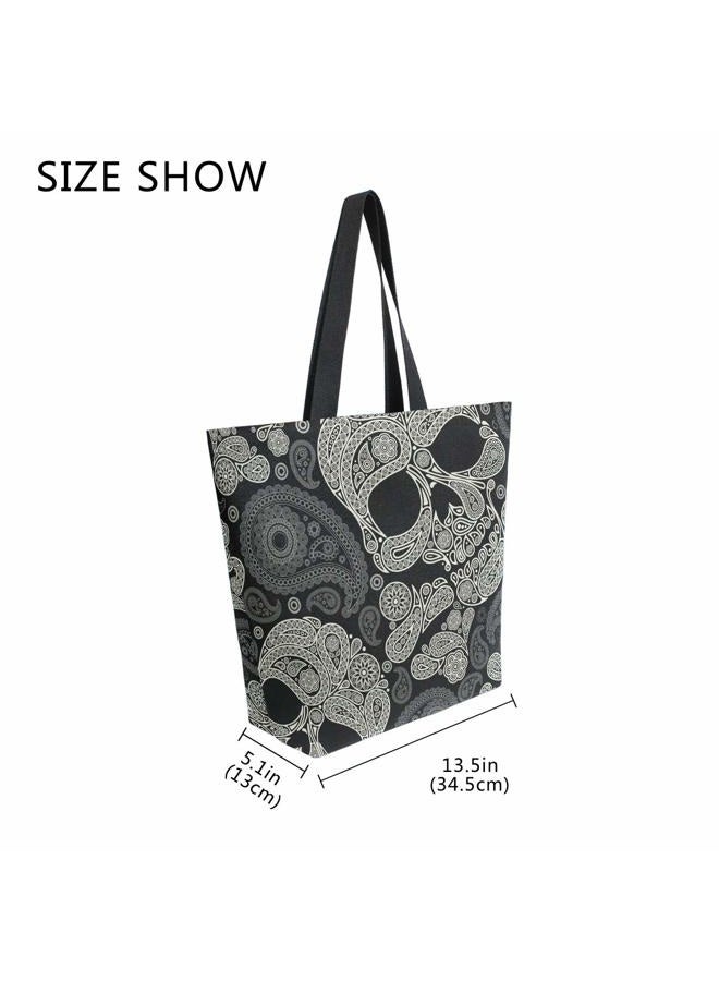 ZZKKO Halloween Skull Canvas Tote Grocery Bag Shoulder Casual Book Bag Large for Women Teachers, Sugar Skull Cotton Bag Shopping Purse Handbag Reusable Multipurpose Use - Image 5