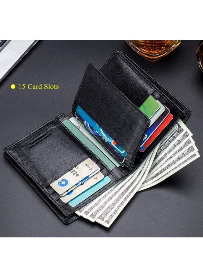 CONTACTS Contacts Men's Genuine Leather Wallet | RFID Blocking Wallet for Men| 14 Card Slots, 1 ID Window | Large Capacity Can Hold 50 Currency Notes (Black)  - Image 3