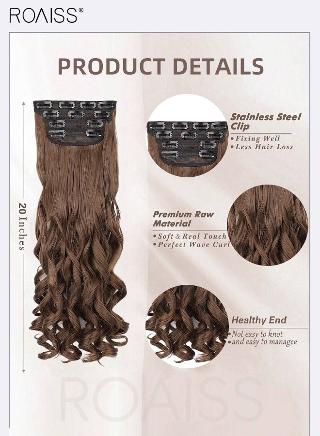 roaiss 4 Pcs Clip in Curly Hair Extensions, Invisible Adjustable Long Synthetic Heat Resistant Hairpieces for Women Girls, Light Brown, 51cm (20 inches) - Image 4