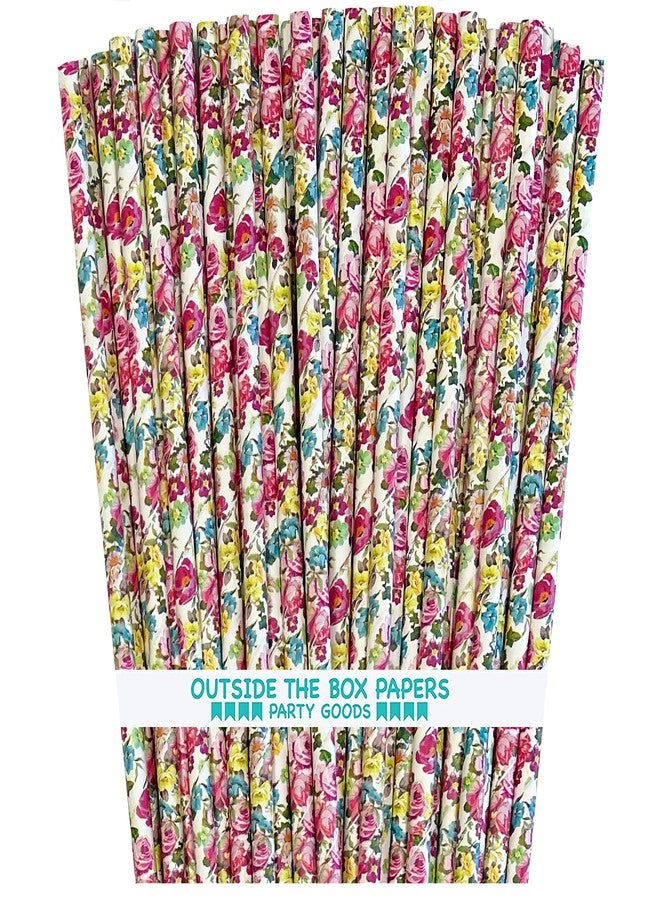 Outside the Box Papers Rose Floral Paper Straws - Valentine Wedding Birthday Shower Supply - Pink Yellow Blue White - 7.75 Inches - 100 Pack - Outside the Box Papers Brand - Image 1