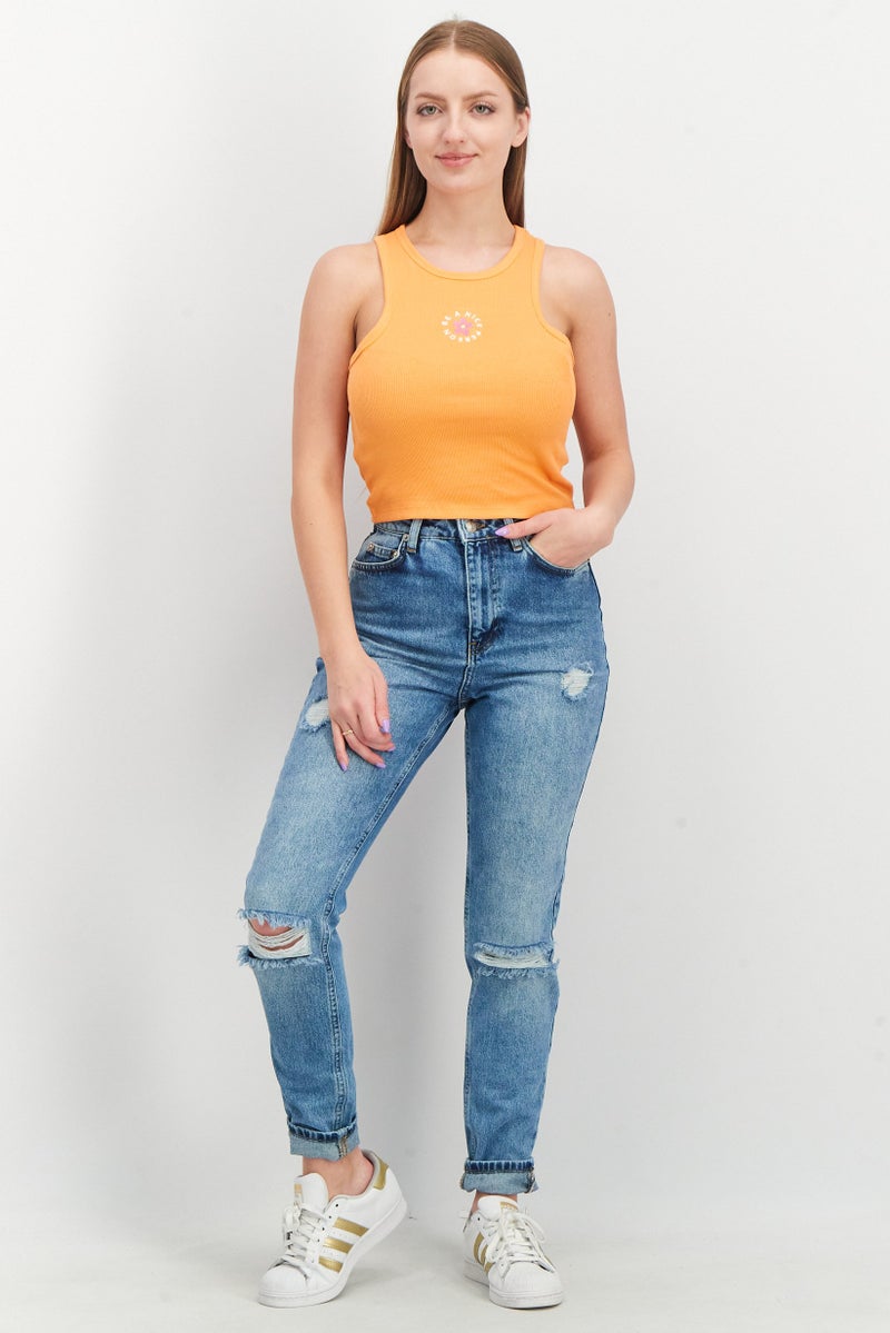 Sinsay Women Round Neck Sleeveless Embroidered Tank Top, Orange - Image 2