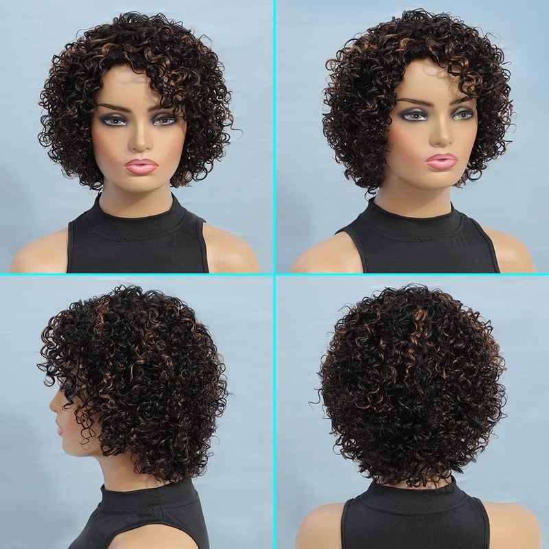 UDU Ombre Curly wig Human Hair Wigs For Black Women Glueless Wigs Human Hair Short Curly Wigs for Black Women Wigs Human Hair Highlighted Piano Color Side Part Short Curly Wigs For Older Women (P1B/30) - Image 2