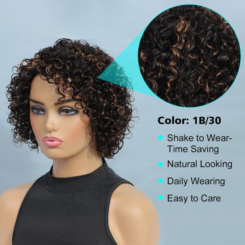 UDU Ombre Curly wig Human Hair Wigs For Black Women Glueless Wigs Human Hair Short Curly Wigs for Black Women Wigs Human Hair Highlighted Piano Color Side Part Short Curly Wigs For Older Women (P1B/30) - Image 3