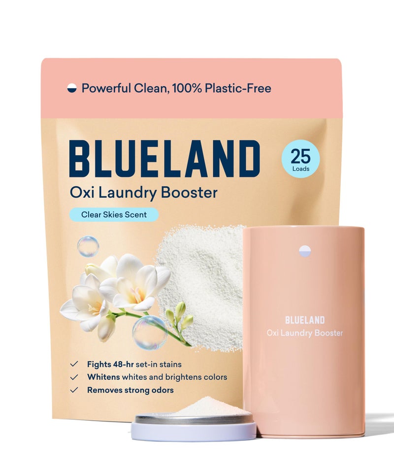 BLUELAND Oxi Laundry Booster Powder with Tin, Starter Set, Clear Skies Scent, 25 Loads, 17.6 oz, Plastic-Free, Eco Friendly, Oxy Cleaner, Stain Remover - Image 1