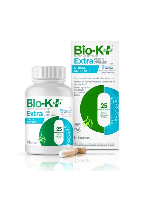 Bio K+ Extra Stress Support with Sensoril - Vegan Probiotic Supplement for Everyday Stress, Relieving Sleeplessness with 25 Billion CFU 3 Strains - 60 Capsules