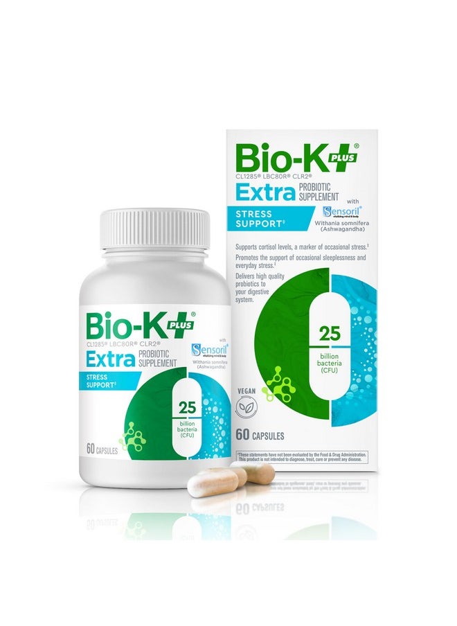 Bio K+ Extra Stress Support with Sensoril - Vegan Probiotic Supplement for Everyday Stress, Relieving Sleeplessness with 25 Billion CFU 3 Strains - 60 Capsules