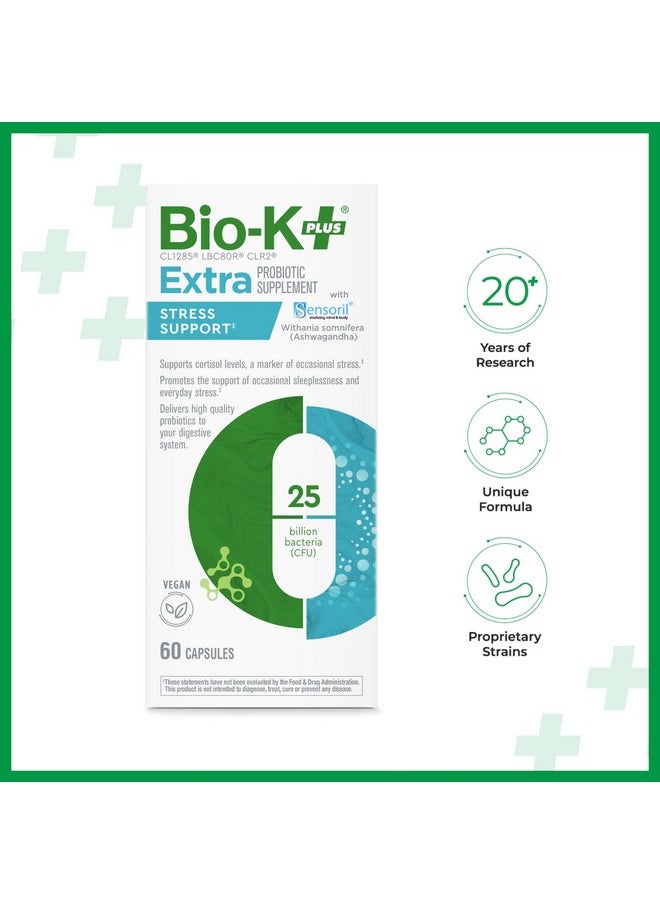Bio K+ Extra Stress Support with Sensoril - Vegan Probiotic Supplement for Everyday Stress, Relieving Sleeplessness with 25 Billion CFU 3 Strains - 60 Capsules