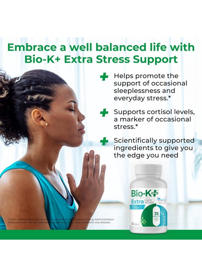 Bio K+ Extra Stress Support with Sensoril - Vegan Probiotic Supplement for Everyday Stress, Relieving Sleeplessness with 25 Billion CFU 3 Strains - 60 Capsules