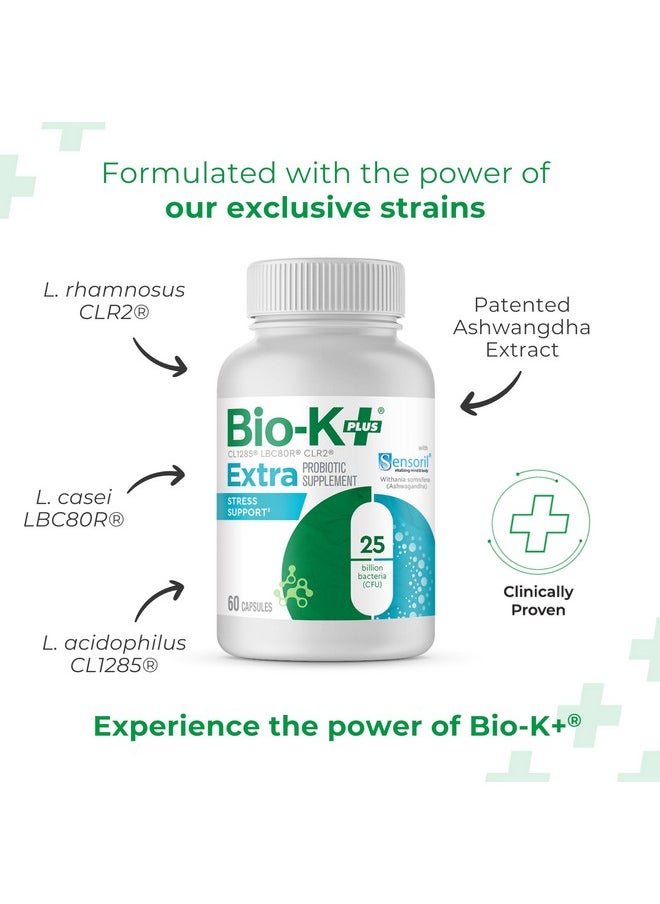 Bio K+ Extra Stress Support with Sensoril - Vegan Probiotic Supplement for Everyday Stress, Relieving Sleeplessness with 25 Billion CFU 3 Strains - 60 Capsules
