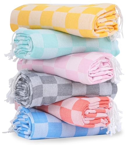 Antfuny 6 Packs Turkish Beach Towel Vacation Essentials Blanket Set Pool Bath Towels Bulk Multipack Travel Sand Free Quick Dry Extra Large Oversized Cute Big Soft Lightweight Compact Checkered Cloud Women - Image 1