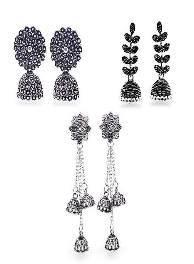 Elleva Artificial Earrings for Women Stylish Combo | Traditional Jhumkas for Wedding Oxidised Jewellery set for Girls Birthday Gift Set of 3 Pair (Pack of 1) - Image 1