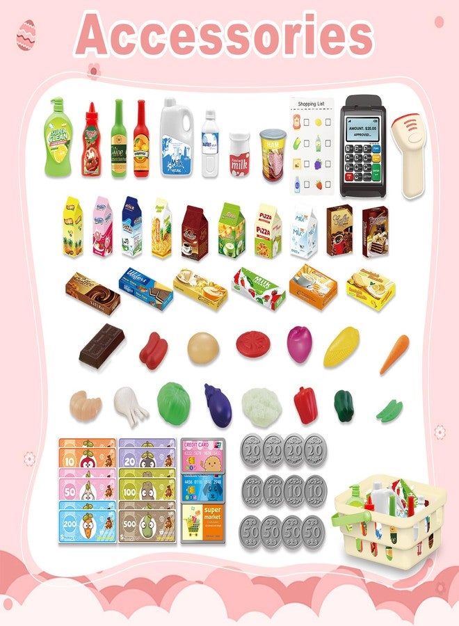 RedCrab Kids Shopping Cart,75PCS Toy Shopping Cart Playset with Food Shop Accessories, Adjustable Shopping Cart Arm,Shopping Basket Grocery Store Games for Ages 3 4 5 67 8+ (Red) - Image 2