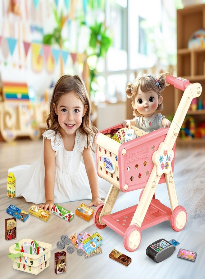 RedCrab Kids Shopping Cart,75PCS Toy Shopping Cart Playset with Food Shop Accessories, Adjustable Shopping Cart Arm,Shopping Basket Grocery Store Games for Ages 3 4 5 67 8+ (Red) - Image 3