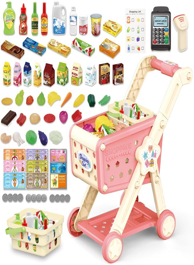 RedCrab Kids Shopping Cart,75PCS Toy Shopping Cart Playset with Food Shop Accessories, Adjustable Shopping Cart Arm,Shopping Basket Grocery Store Games for Ages 3 4 5 67 8+ (Red) - Image 1