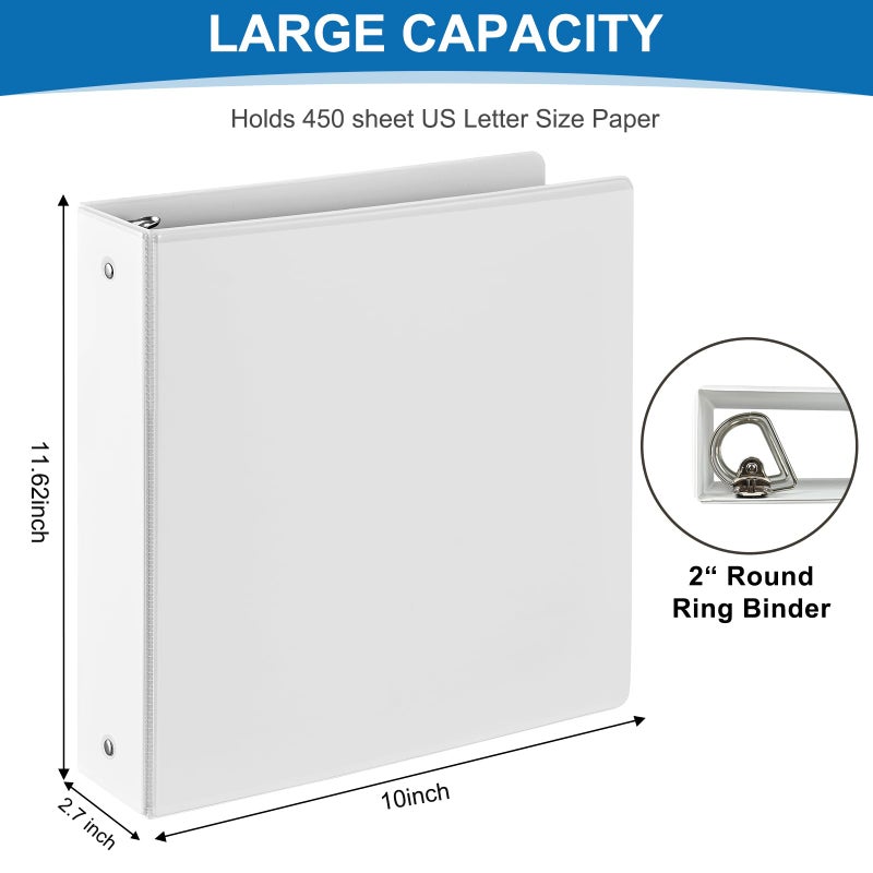 SUQJOY 2 Inch 3-Ring Binder, 2" Round Ring Binder with 2 Inside Pockets, 6 Pack White Binders, Clear View Cover, Holds Up to 450 Sheets 8.5" x 11" Paperï¼ŒDurable Binders for Office/Home/Back to School - Image 2