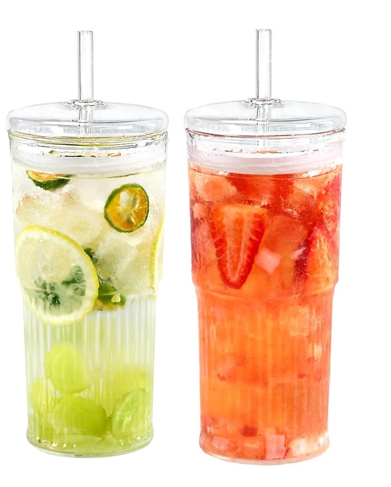 VISMII Glass Tumblers with Lid and Straw Ribbed Cup Smoothie Cup Sipper Iced Coffee Cups Glass Cups with Lids and Straws for Water Juice Iced Tea Drink Mug Transparent Tumbler Pack of 2 - Image 1