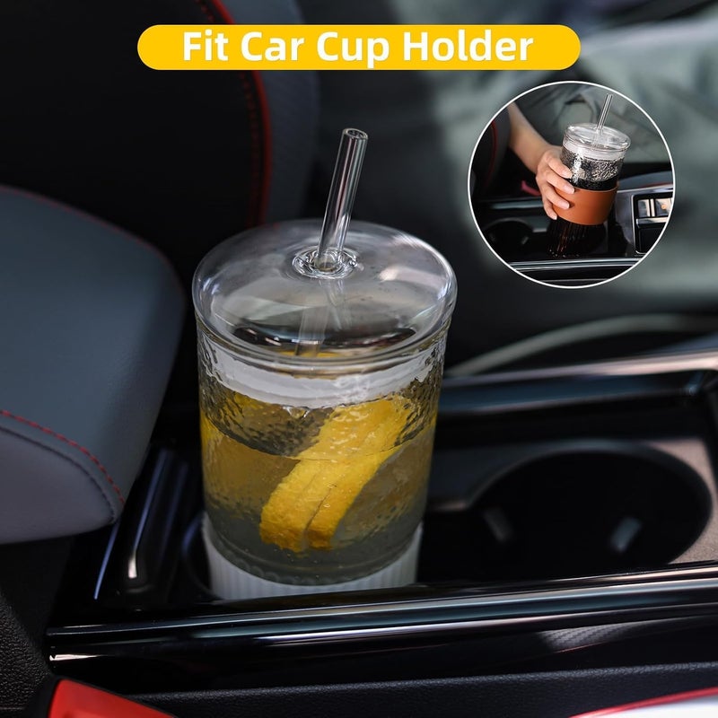 VISMII Glass Tumblers with Lid and Straw Ribbed Cup Smoothie Cup Sipper Iced Coffee Cups Glass Cups with Lids and Straws for Water Juice Iced Tea Drink Mug Transparent Tumbler Pack of 2 - Image 4