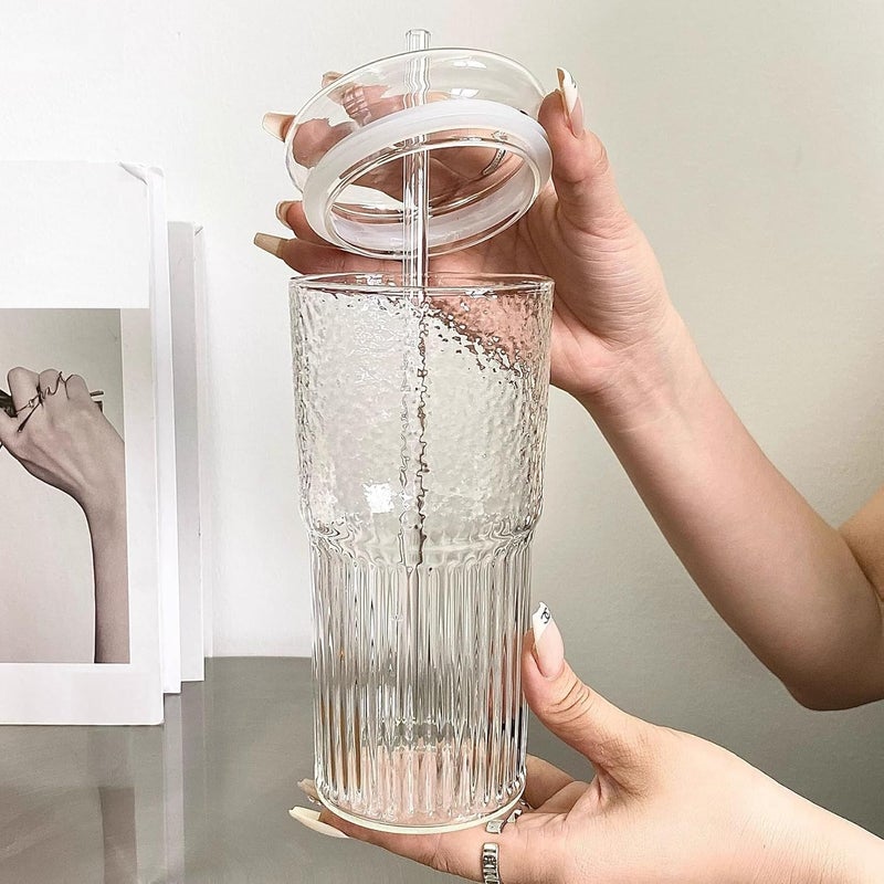 VISMII Glass Tumblers with Lid and Straw Ribbed Cup Smoothie Cup Sipper Iced Coffee Cups Glass Cups with Lids and Straws for Water Juice Iced Tea Drink Mug Transparent Tumbler Pack of 2 - Image 5
