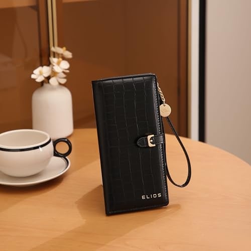 Elios Women Long Wallet Croc-Embossed PU Leather Wallet Zip Purse Multifunction Organizer Card Holder Clutch with Phone Pocket (Black) - Image 3