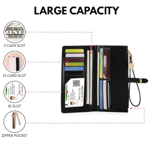 Elios Women Long Wallet Croc-Embossed PU Leather Wallet Zip Purse Multifunction Organizer Card Holder Clutch with Phone Pocket (Black) - Image 5