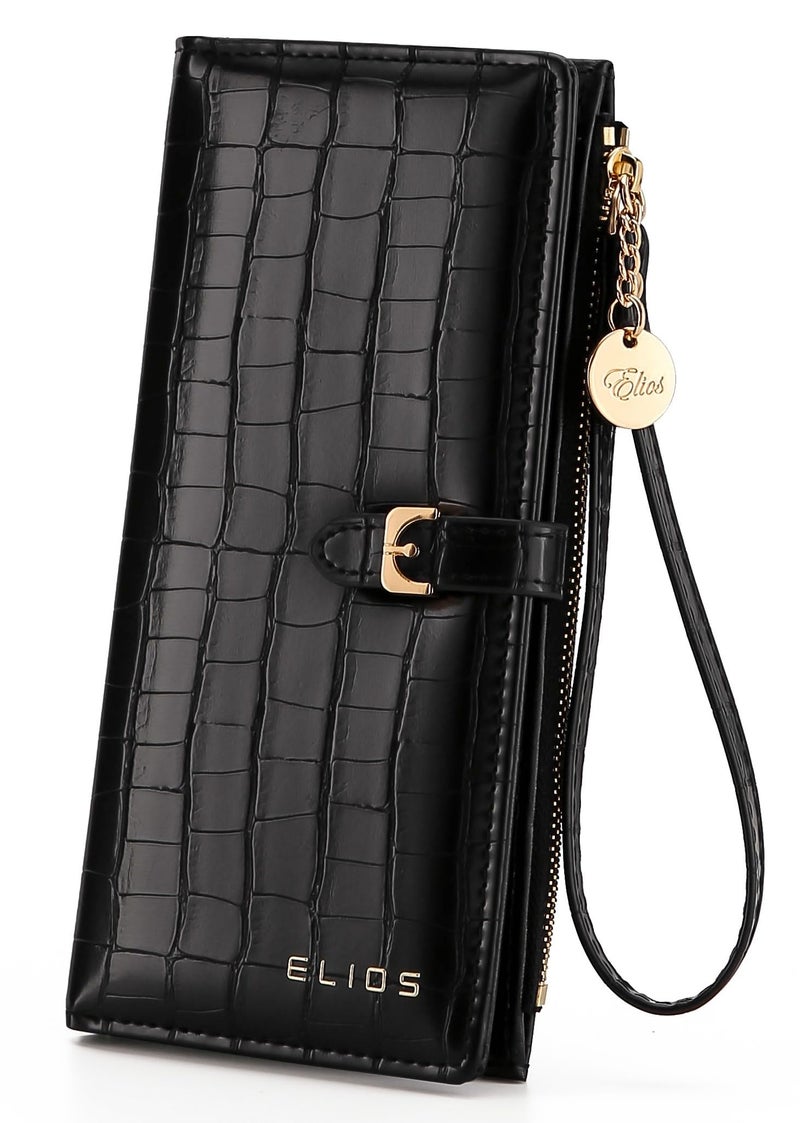 Elios Women Long Wallet Croc-Embossed PU Leather Wallet Zip Purse Multifunction Organizer Card Holder Clutch with Phone Pocket (Black) - Image 1