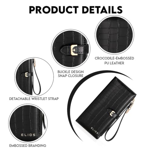 Elios Women Long Wallet Croc-Embossed PU Leather Wallet Zip Purse Multifunction Organizer Card Holder Clutch with Phone Pocket (Black) - Image 4