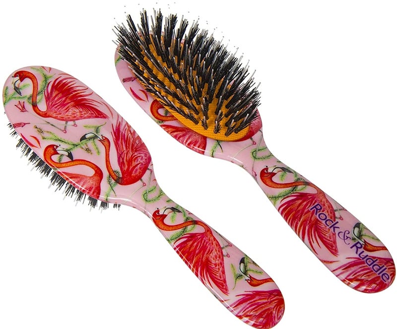 Rock & Ruddle Natural Mixed Boar Bristle Hair Brush for Women and Kids (Small/Travel Size, 17.5cm) - Perfect for Wet or Dry Hair, Detangling Smoothing Blowdrying - Made in UK - Flamingos Design