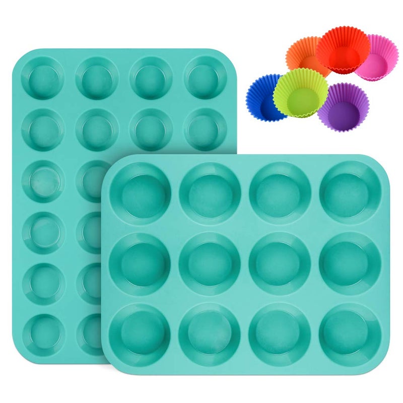CAKETIME Silicone Muffin Pan Cupcake Pan Set - Mini 24 Cups and Regular 12 Cups Muffin Tin, Nonstick Food Grade Molds with 12 Baking Cups - Image 1